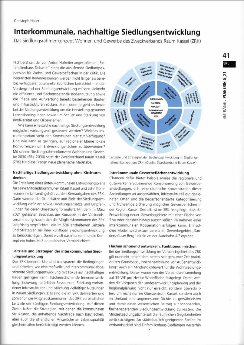 Beitrag "lnterkommunale, nachhaltige Siedlungsentwicklung" in der Fachzeitschrift PLANERIN